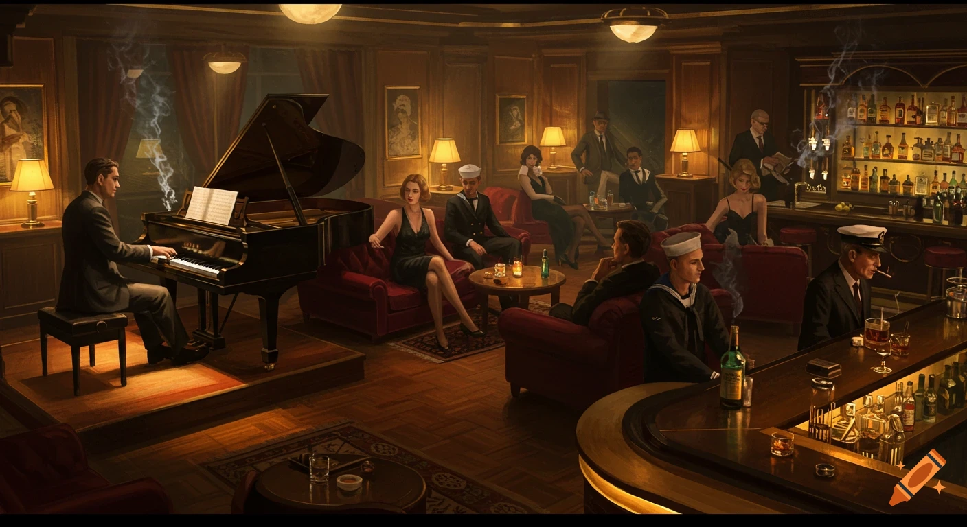A moody, cinematic digital painting of a dimly lit piano lounge at night, filled with elegantly dressed patrons and a pianist on a stage.