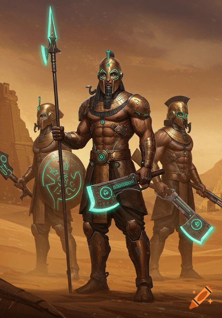 Three armored sci-fi warriors in a desert. The central warrior holds a glowing spear and axe, flanked by two others with futuristic weapons.