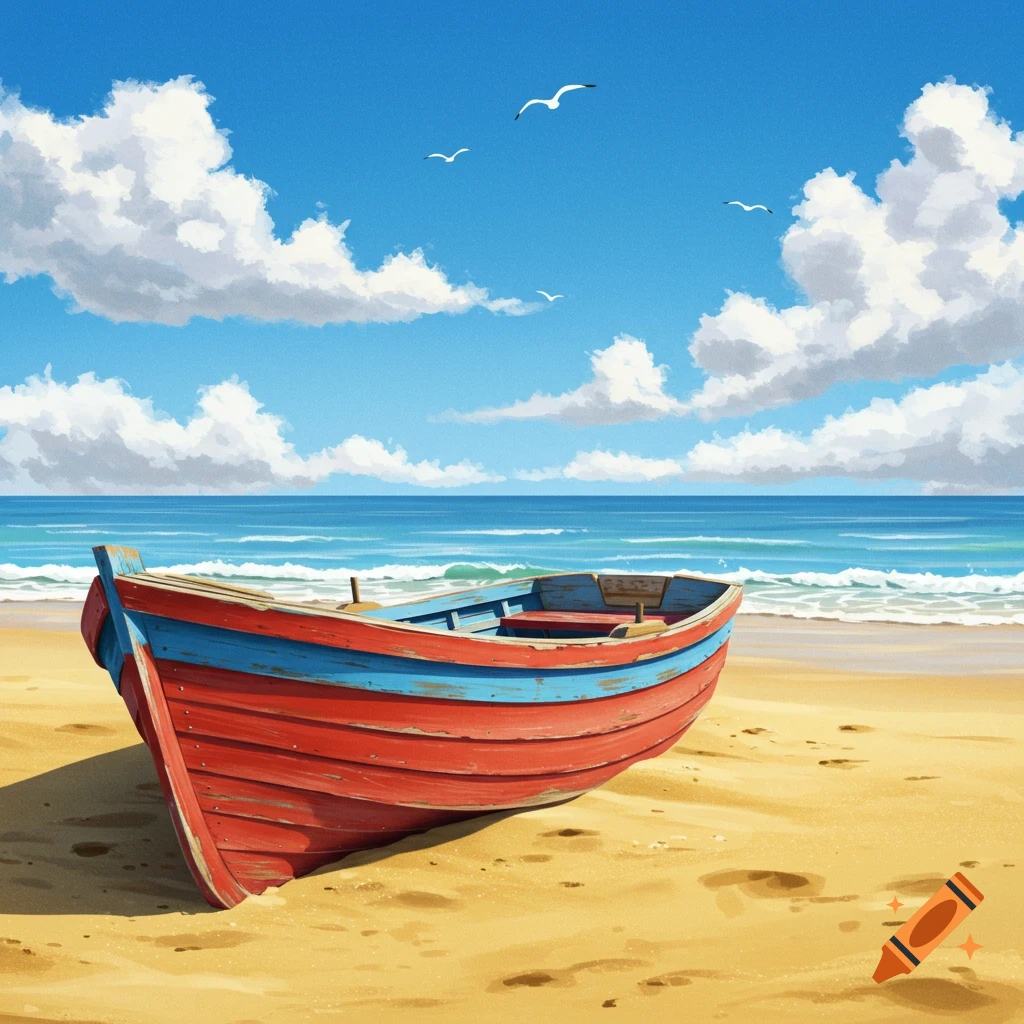 A vibrant painting of a red and blue wooden boat resting on a sandy beach under a clear blue sky with white clouds and seagulls.