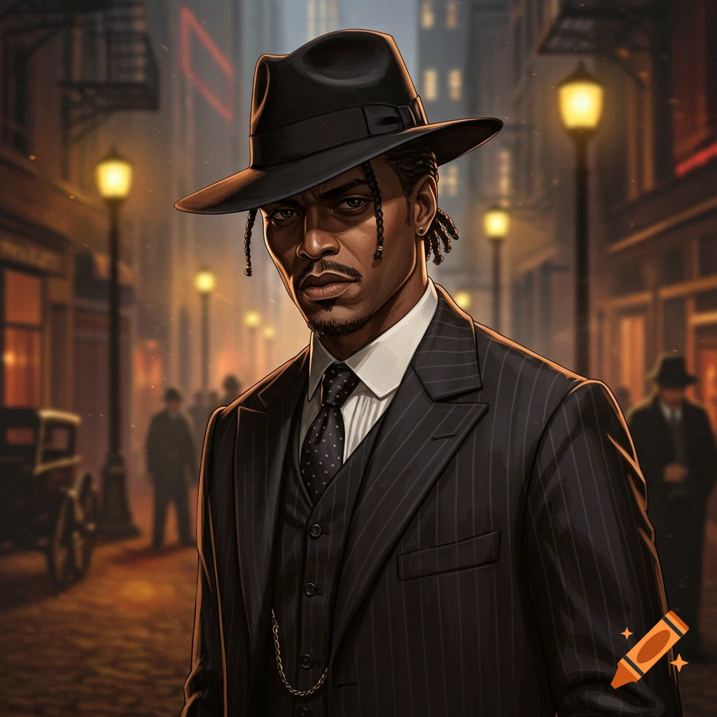 A sharp-dressed man in a pinstripe suit and fedora stands sternly on a moody, dimly lit 1920s city street at night, in a cinematic art style.