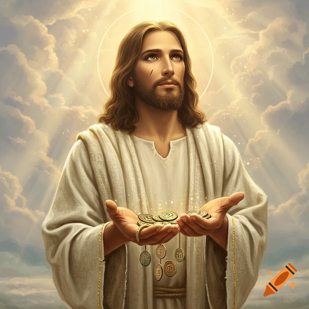 Illustrative depiction of Jesus with a halo, looking up, holding golden coins in his outstretched hands against a cloudy, sunlit sky.