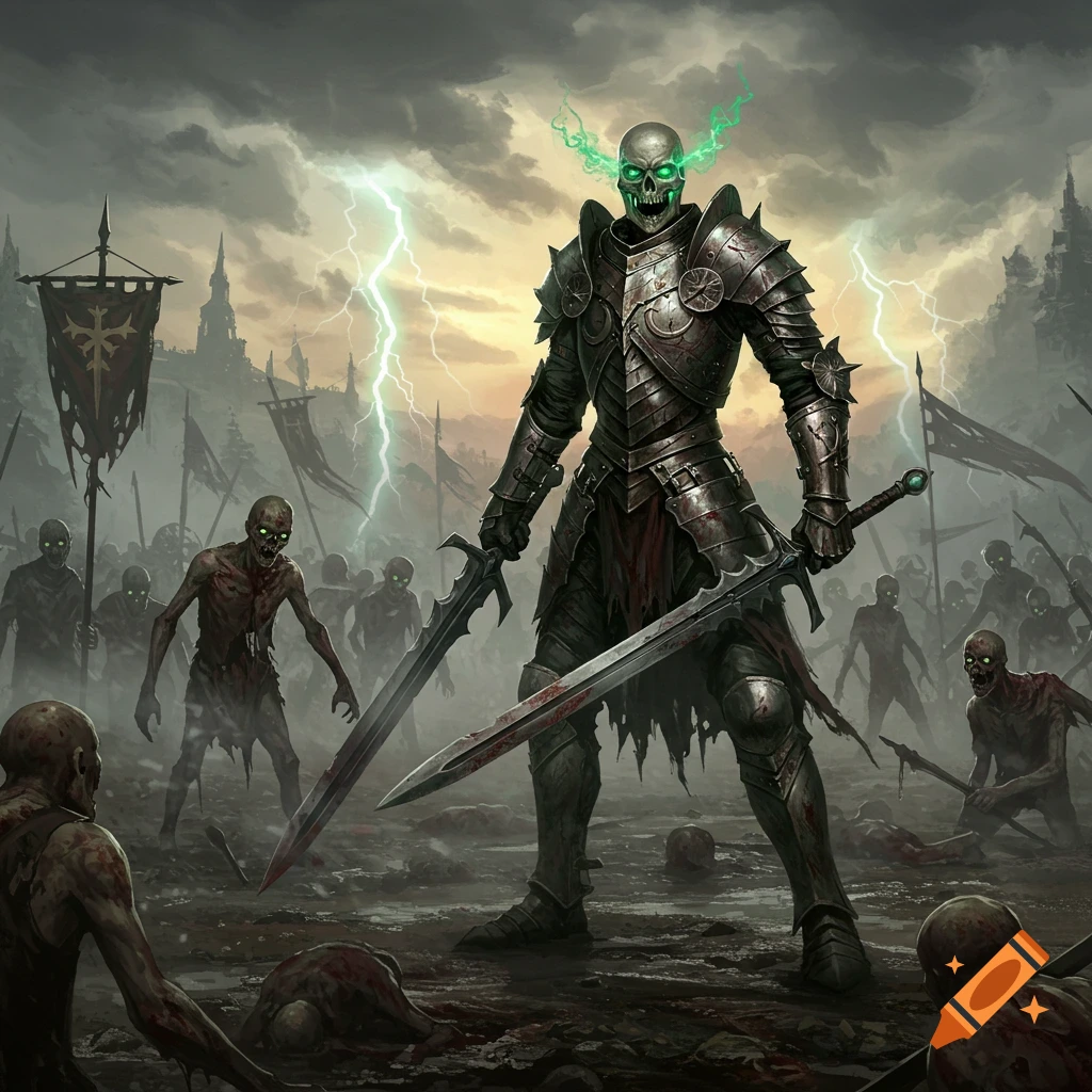 A skeletal knight with glowing green eyes stands amidst an army of zombies on a stormy battlefield with lightning, wielding two swords.