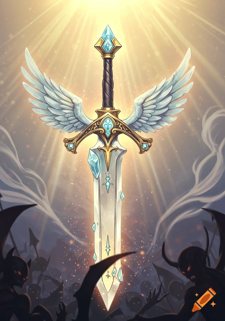 A stylized fantasy image of a winged, glowing crystal sword standing over a crowd of shadowy demonic figures.