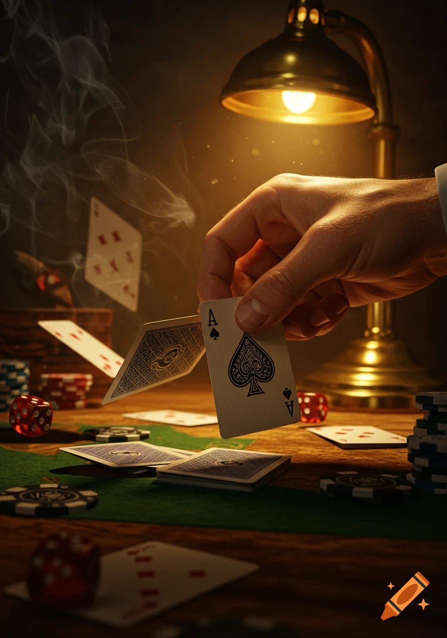 A hand holds an Ace of Spades over a poker table with chips, dice, and other cards under a dim lamp, photorealistic.
