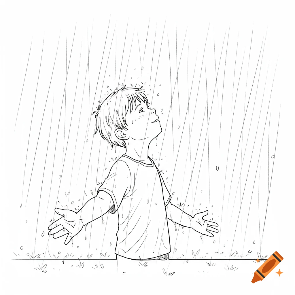 A black and white line drawing of a smiling boy with arms outstretched, looking up as rain falls on him.