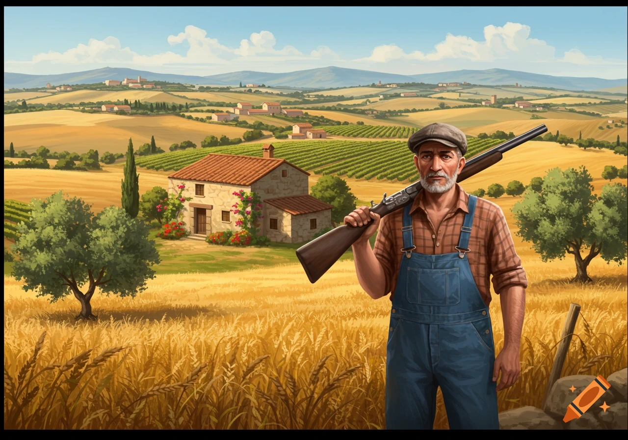Illustrated scene of a farmer with a shotgun in a wheat field, with a rustic house and rolling hills in the background.
