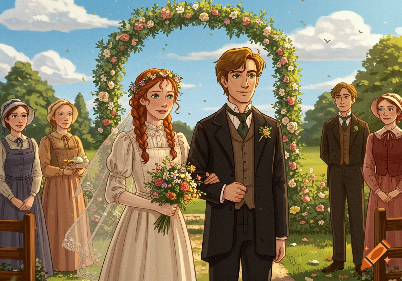 Anne of Green Gables and Gilbert Blythe get married outdoors under a floral arch, surrounded by guests, in an animated storybook style.