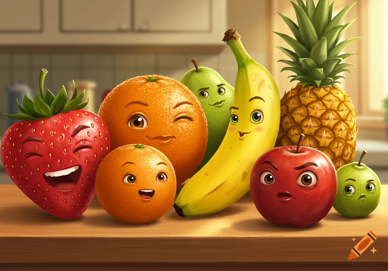 A group of anthropomorphic fruits, including a winking strawberry, a smiling orange, a happy banana, and a grumpy apple, on a wooden table in a kitchen.