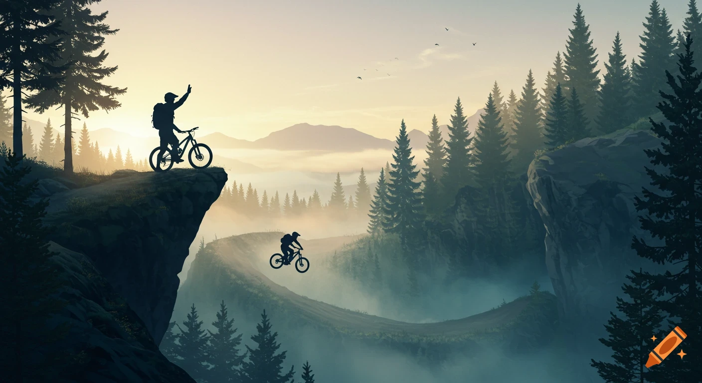 Mountain bikers as silhouettes in a misty forest at sunrise; one on a cliff waving, another on a winding trail below.