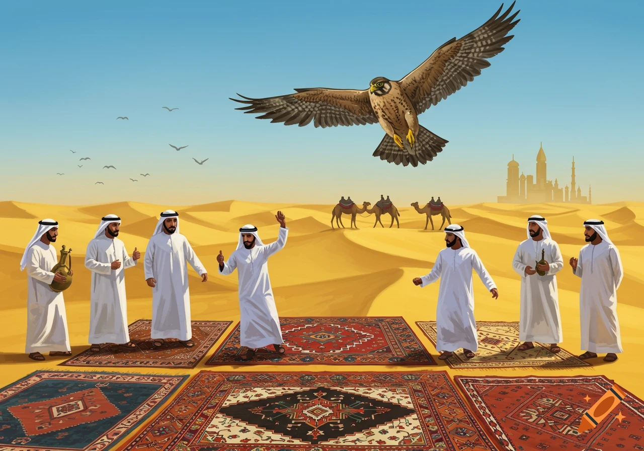 Illustration of men in traditional Emirati clothing in a desert with a falcon flying above and camels in the background.