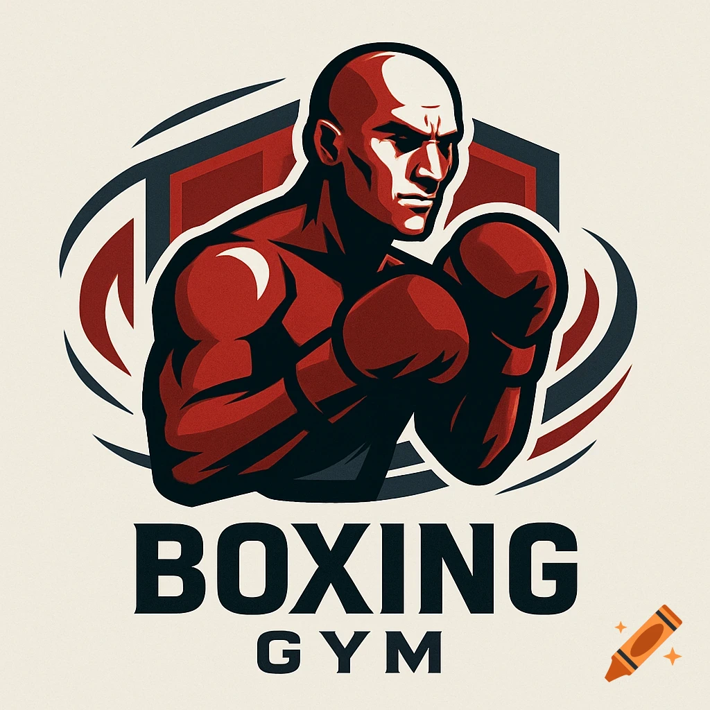 Graphic logo for a boxing gym featuring a bald boxer with red gloves and "BOXING GYM" text.