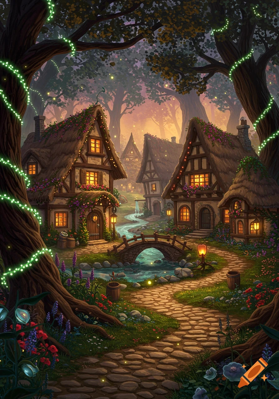 A vibrant fantasy village at dusk, with cozy cottages, a stone bridge over a river, and glowing fairy lights.
