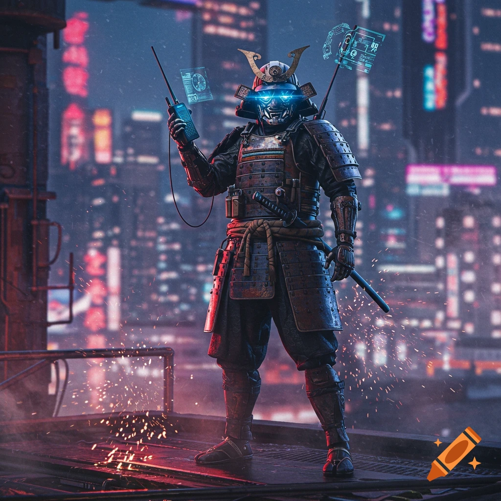 A glowing-eyed futuristic samurai in ornate armor stands on a rainy rooftop, holding a radio and holographic display, overlooking a neon-lit cyberpunk city at night. Sparks fly around their feet.