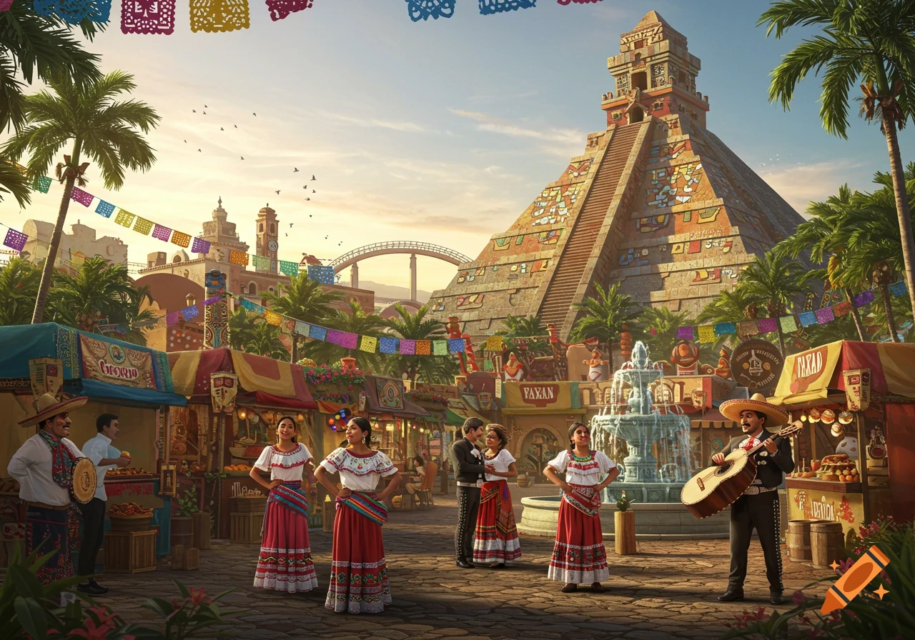 Vibrant Mexican-themed park featuring a large pyramid, bustling market stalls, a fountain, and people in traditional attire.