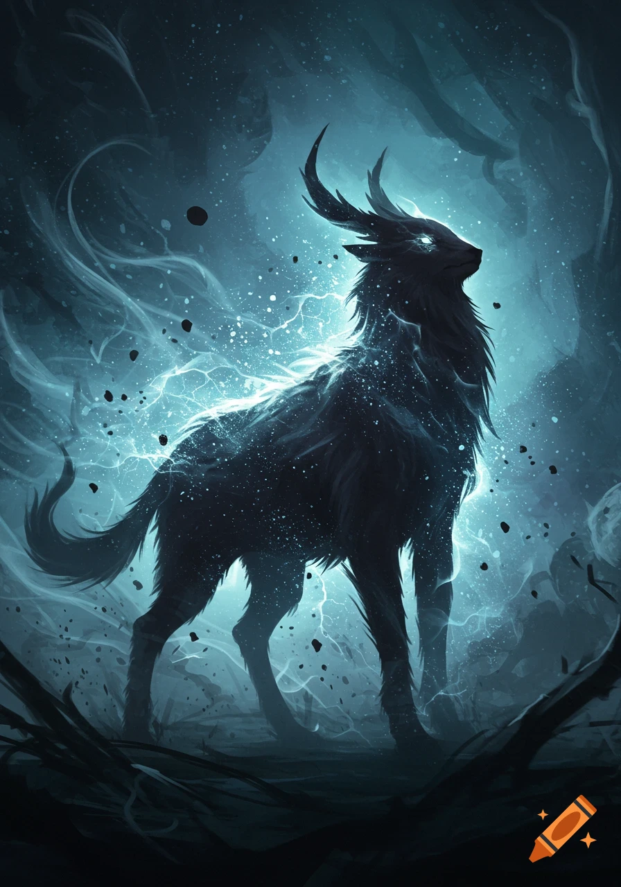 A majestic dark horned creature with glowing eyes stands in a mystical ...