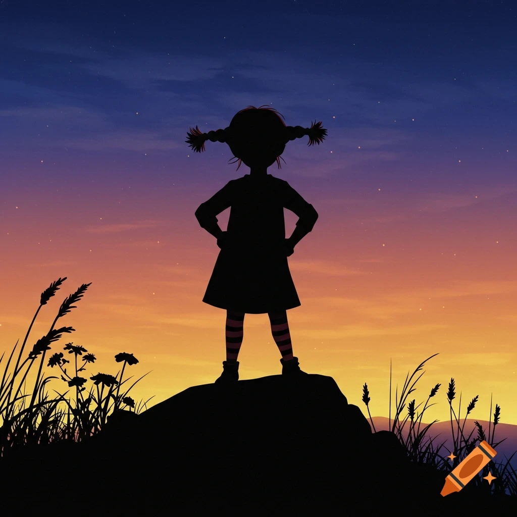 Silhouette of Pippi Longstocking with pigtails standing on a hill at sunset, with a vibrant blue, purple, and orange sky.