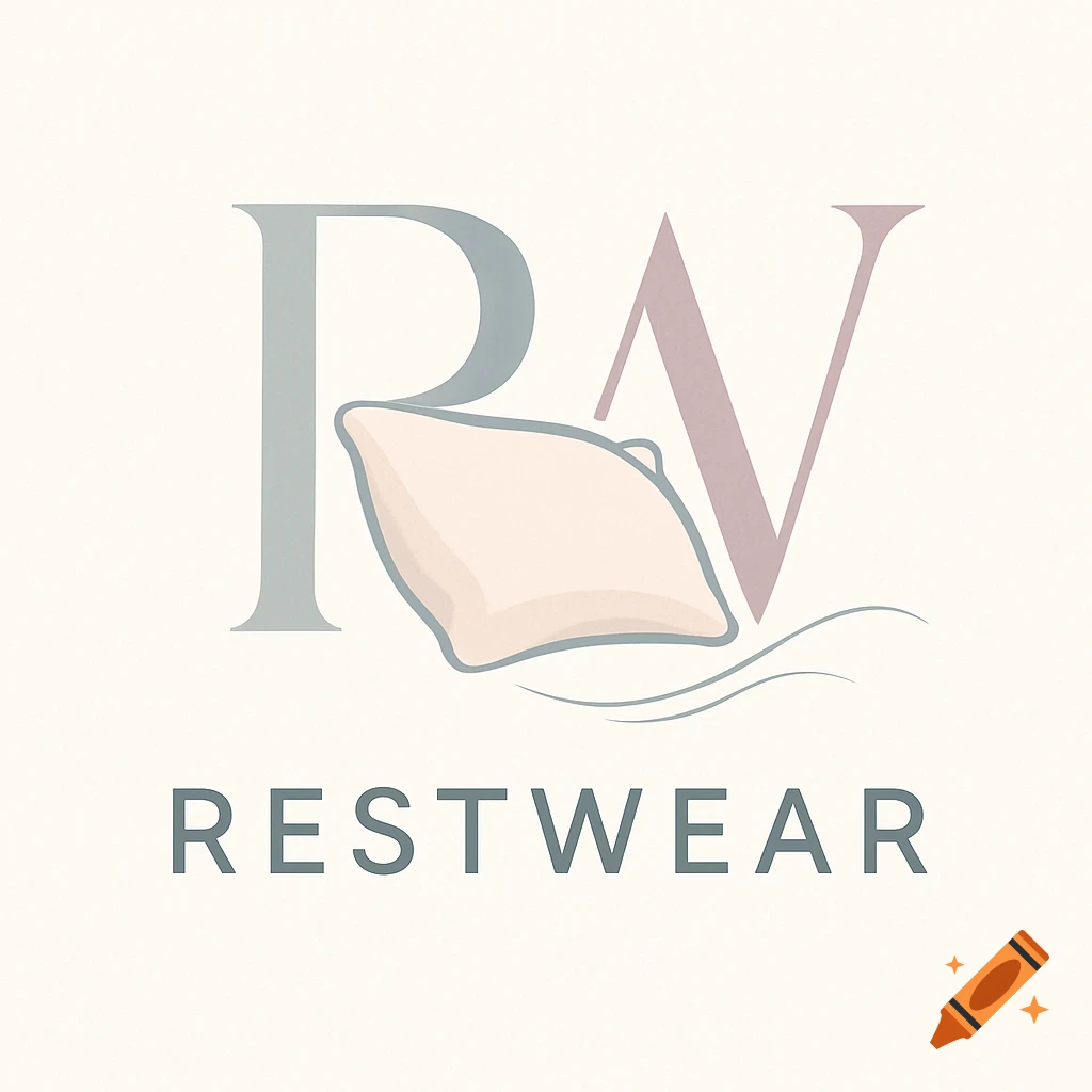 Logo for Restwear featuring large letters R and N, a light pink pillow, and wavy lines, with 'RESTWEAR' written below.
