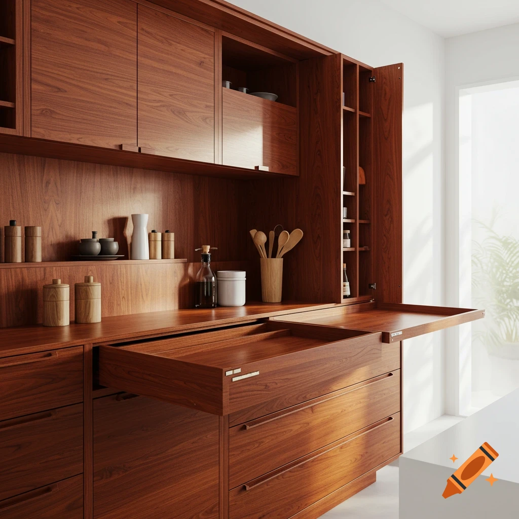 Photorealistic image of modern wooden kitchen storage, featuring open drawers, a pull-out tray, and organized shelves with various kitchen items.