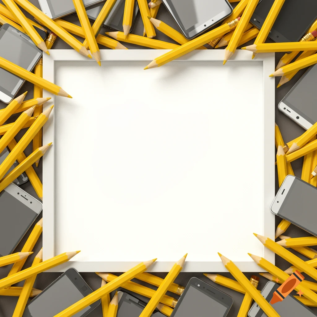 A white square frame surrounded by scattered yellow pencils and smartphones on a gray surface, viewed from above.