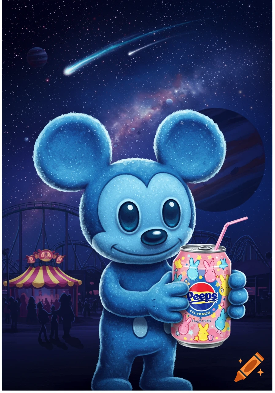 A blue alien Mickey Mouse-like character holds a pink Peeps Pepsi can in an amusement park under a starry night sky.