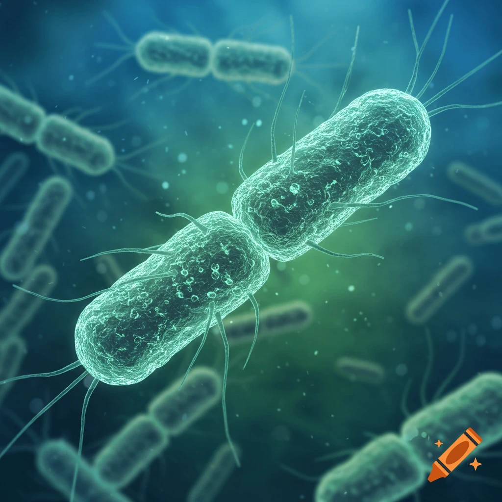 Close-up 3D render of green bacterial cells, some dividing, against a blurry blue-green background.