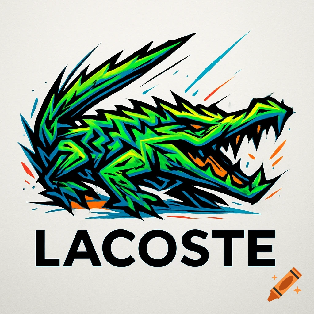 Stylized green, blue, and orange alligator logo with sharp teeth and claws, with the word LACOSTE below.