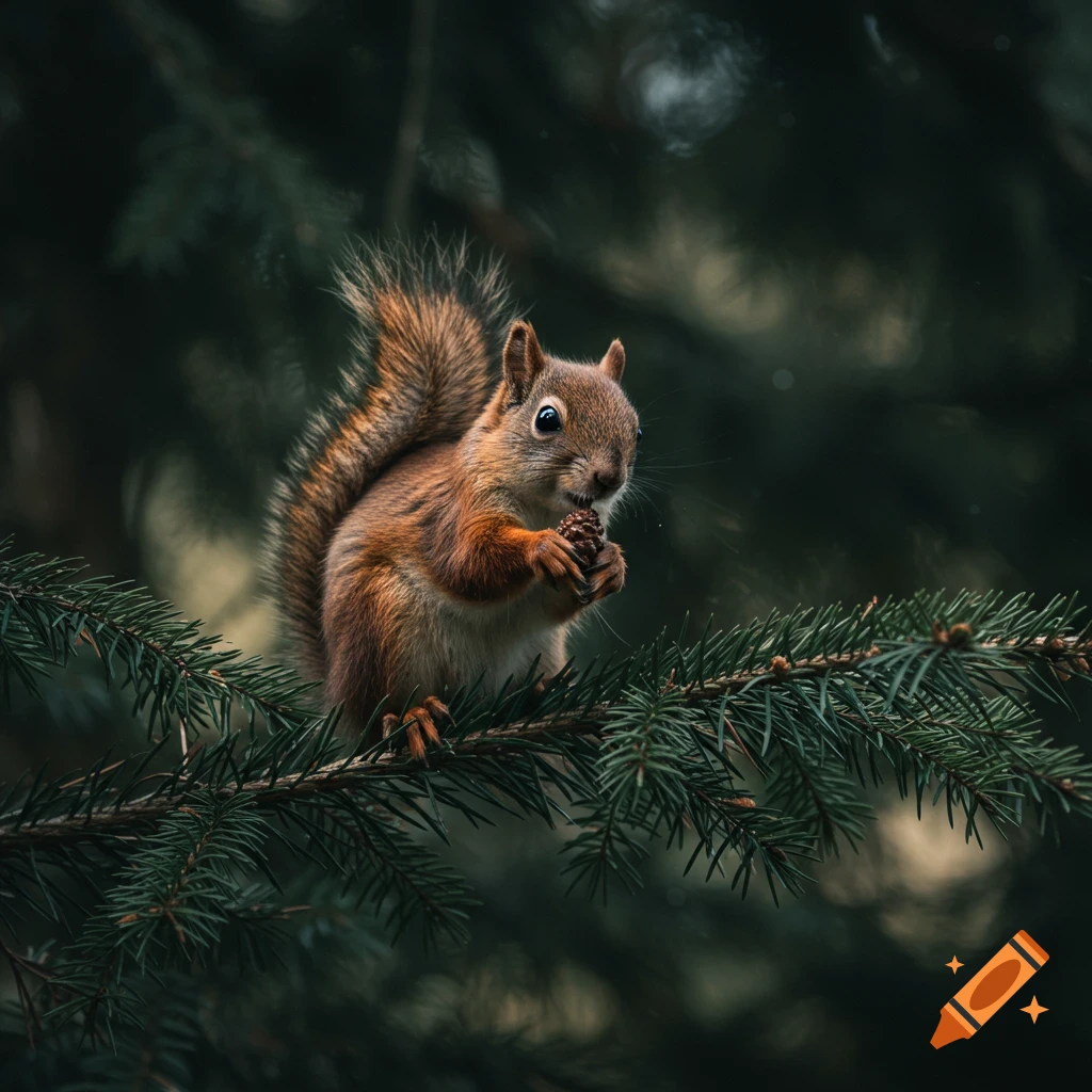 A red squirrel with a fluffy tail sits on a pine branch, holding a small pinecone.