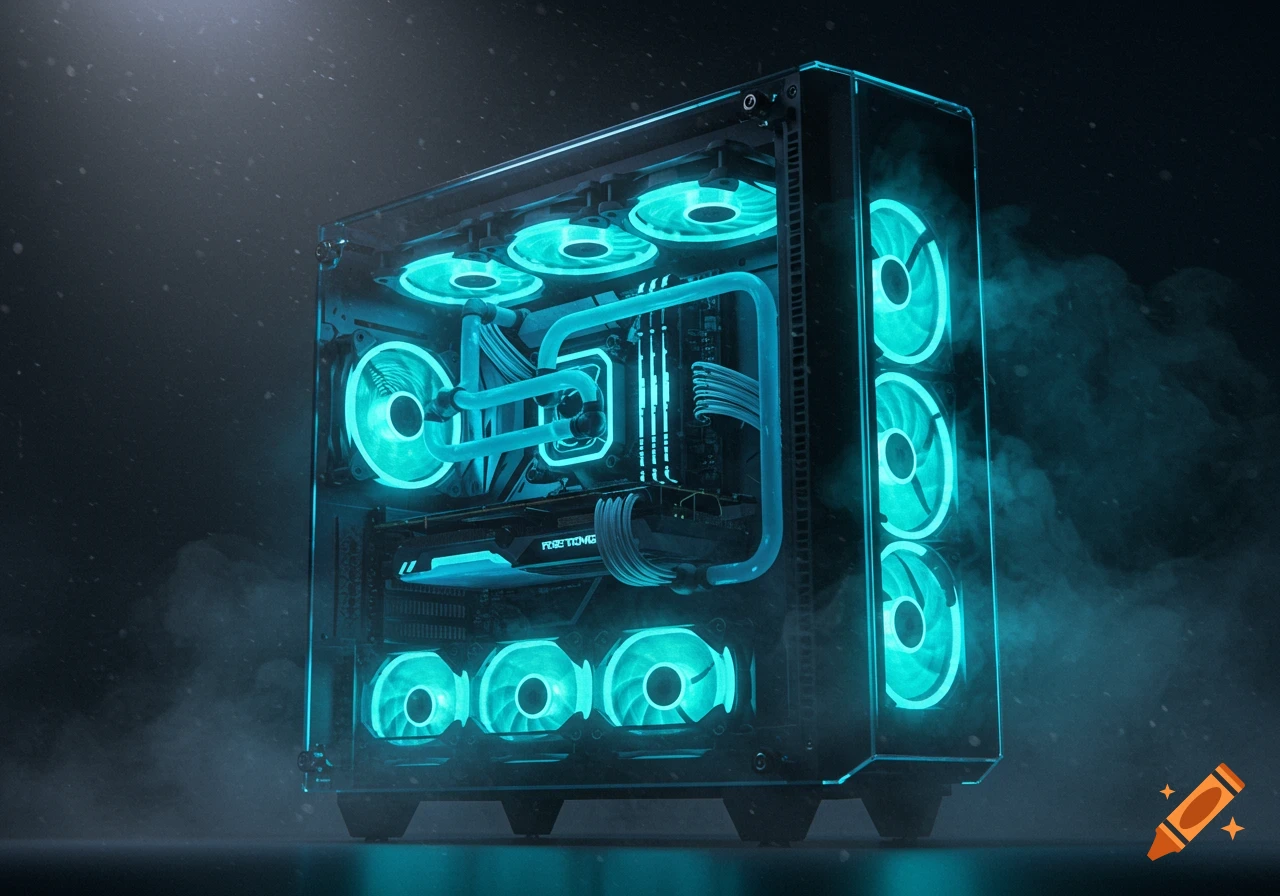 A clear view of a custom-built water-cooled PC with bright cyan LED fans and tubing, glowing in a dark, smoky environment.