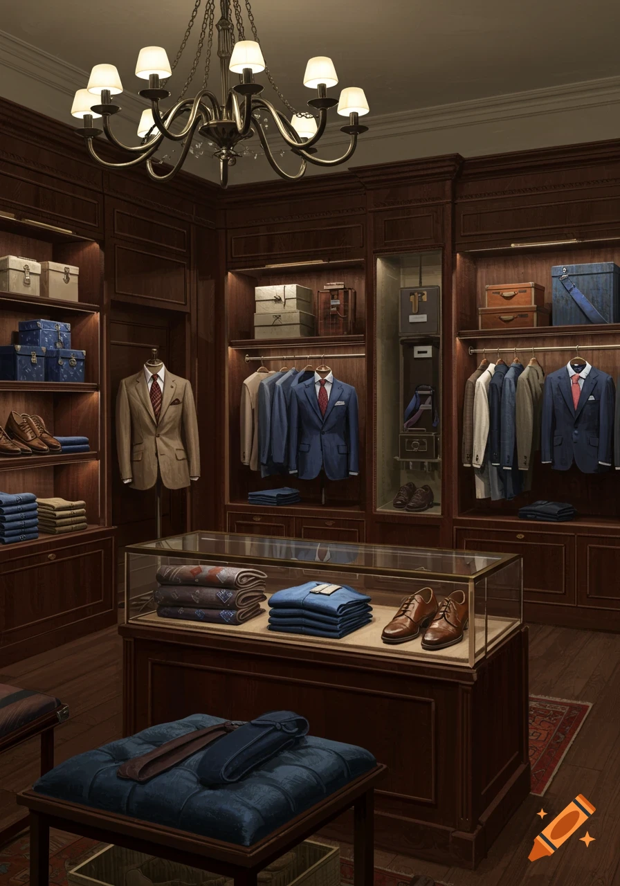 An elegant men's clothing store interior with suits, folded shirts, shoes, and accessories on wooden shelves and in a glass case.