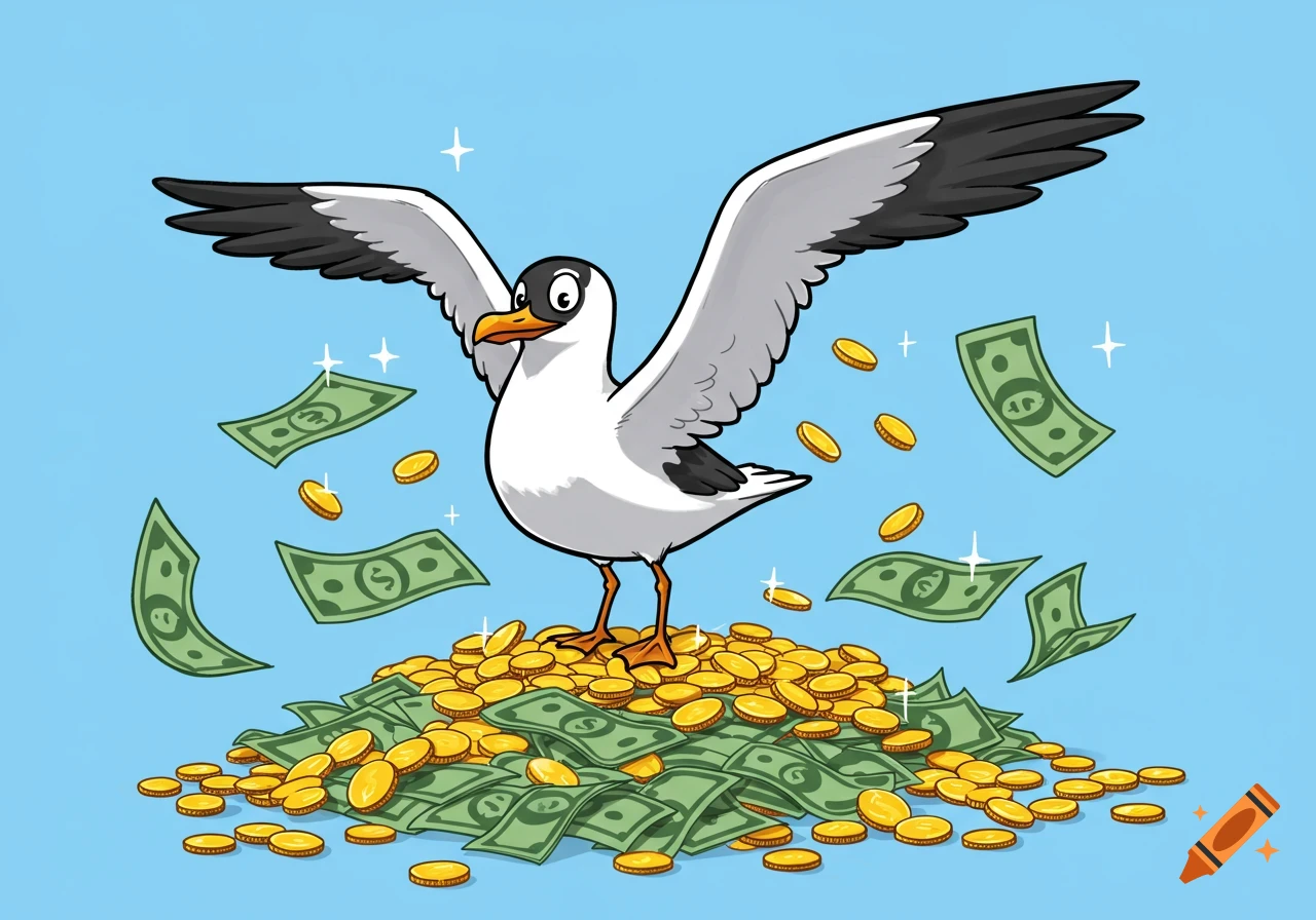 A cartoon Franklin's gull with outspread wings stands triumphantly on a large pile of gold coins and green cash, with more money falling around it against a blue background.