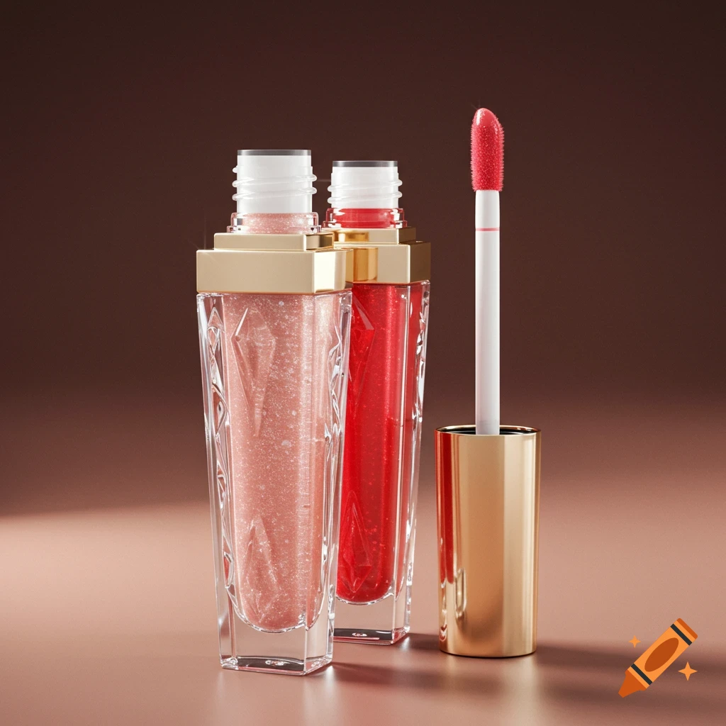 Two photorealistic square lip gloss bottles, one pink and one red, with golden caps and crystalline designs, alongside an applicator.