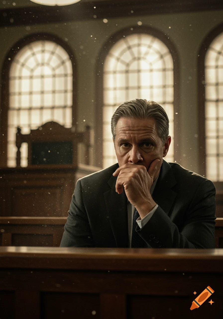 Photorealistic image of a concerned middle-aged man in a suit, seated in a courtroom with his hand to his chin.