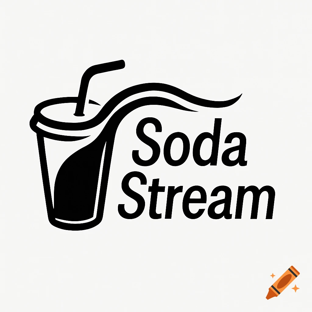 Black and white logo featuring a beverage cup with a straw and a flowing wave design, reading 'Soda Stream'.