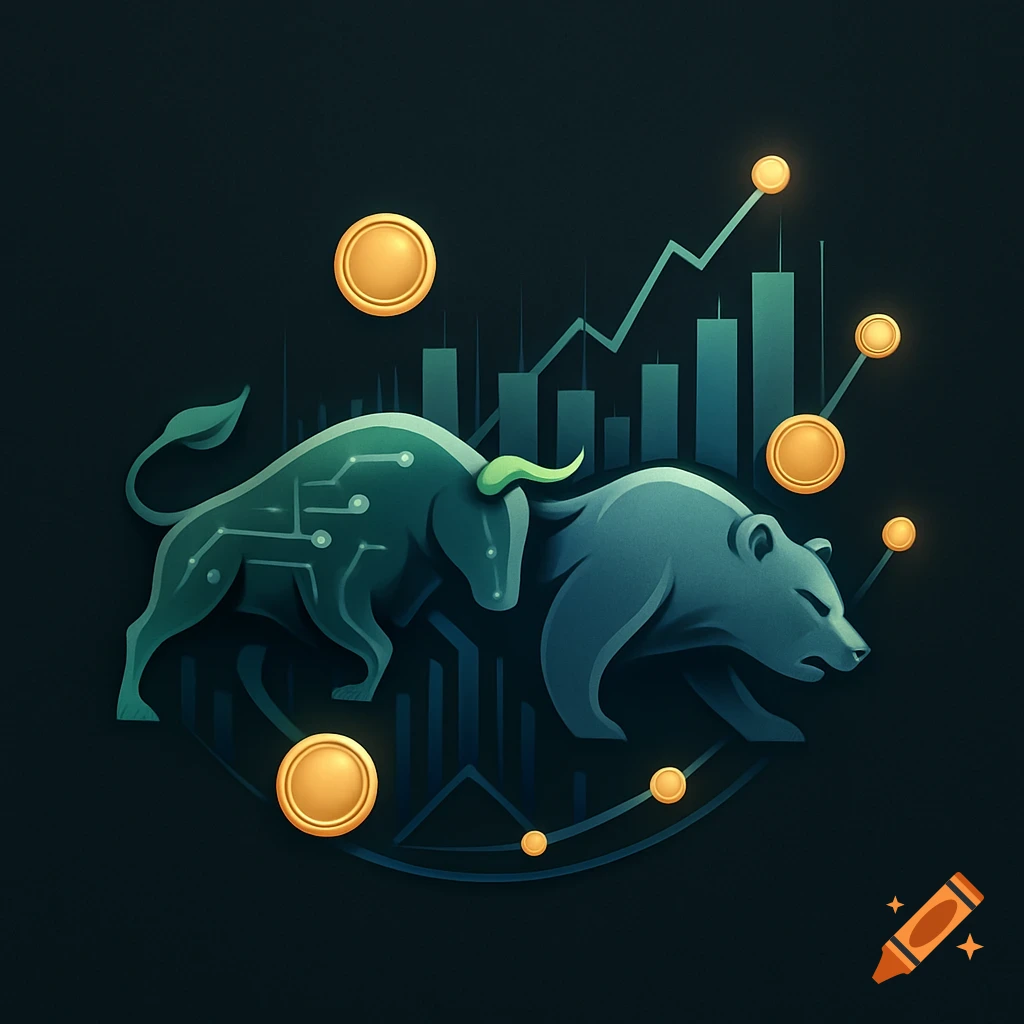 A stylized illustration of a bull with circuit patterns facing a bear, surrounded by gold coins and financial graphs on a dark background.