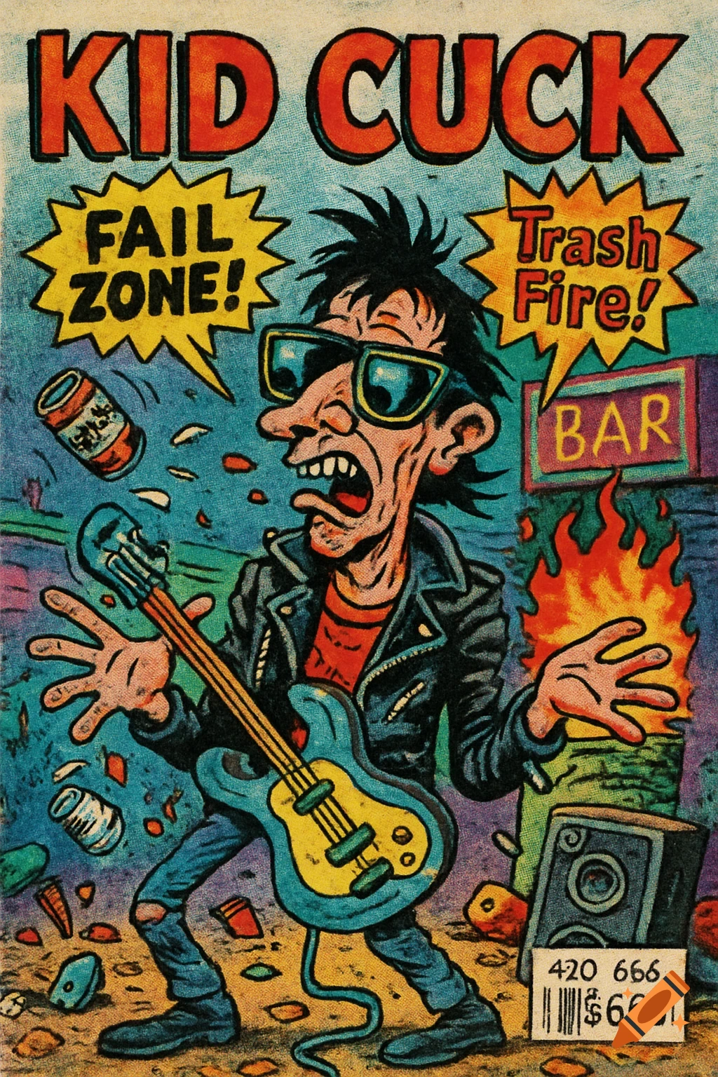 MAD Magazine-style cartoon cover depicts a grotesque punk rock star with a guitar, flailing his arms amidst flying beer cans. Text reads "KID CUCK", "FAIL ZONE!", "Trash Fire!", and "BAR". A barcode shows "420 666 $666".