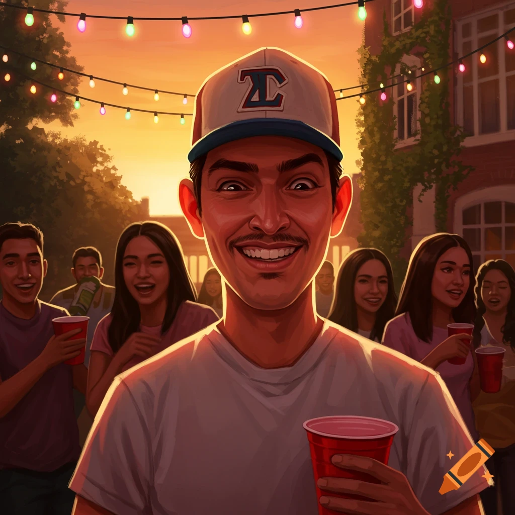An illustrated man in a backward cap smiles at a sunset party, holding a red cup, with friends and string lights in the background.