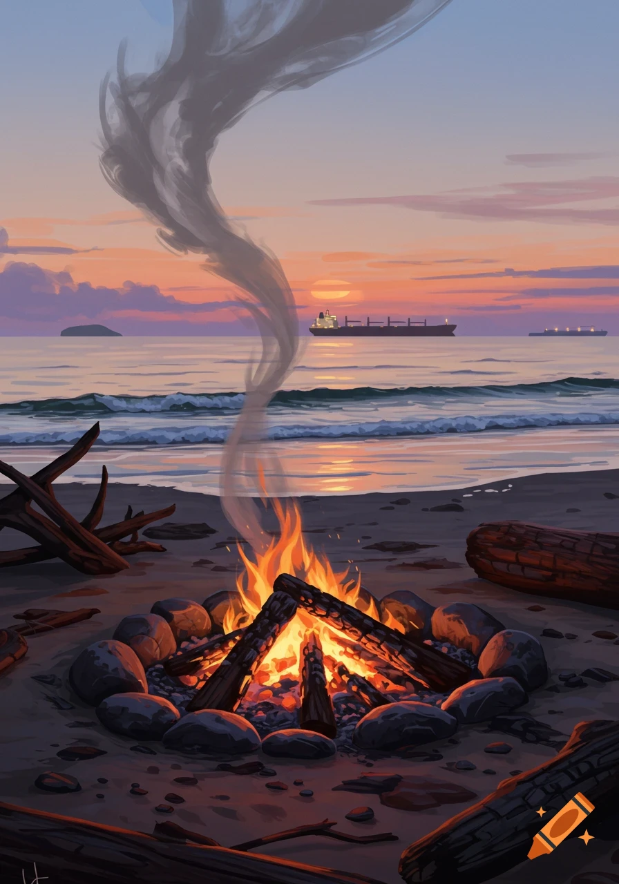 A stylized painting of a campfire on a beach at sunset, with waves gently lapping the shore and cargo ships in the distance.