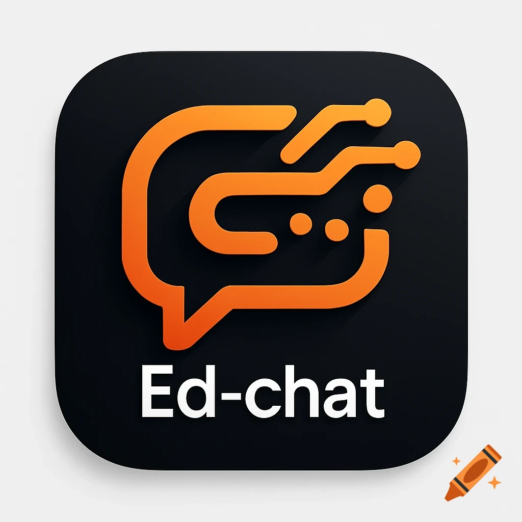 An orange and black app logo featuring a stylized speech bubble combined with circuit board elements, with "Ed-chat" text below it.