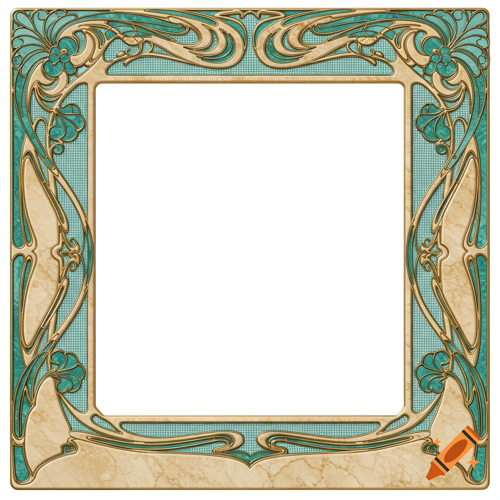 Symmetrical Art Nouveau decorative frame with polished beige marble, turquoise, and gold mosaic inlays, featuring organic vine-like patterns.