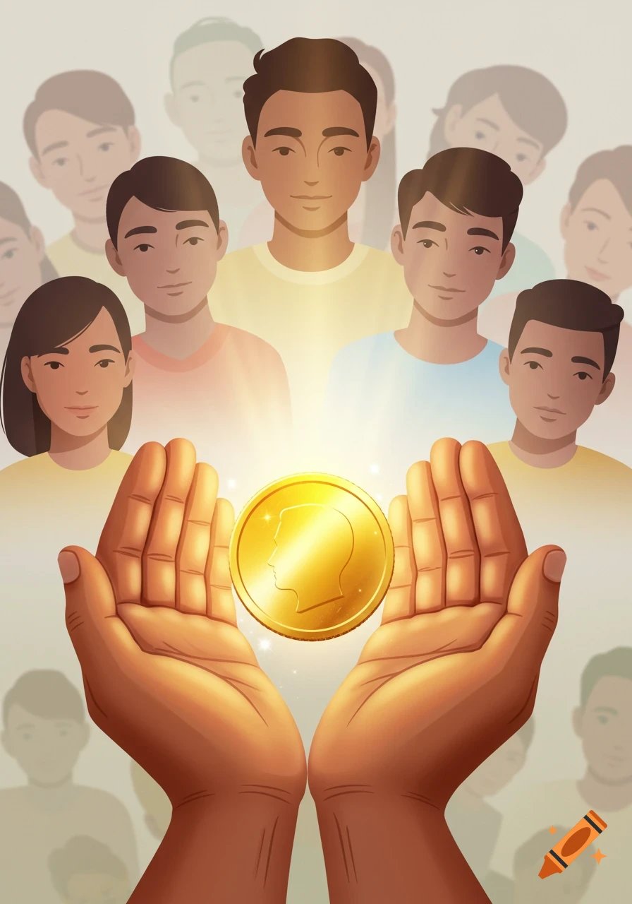Illustrated hands hold a glowing golden coin with a profile, surrounded by a diverse group of people.