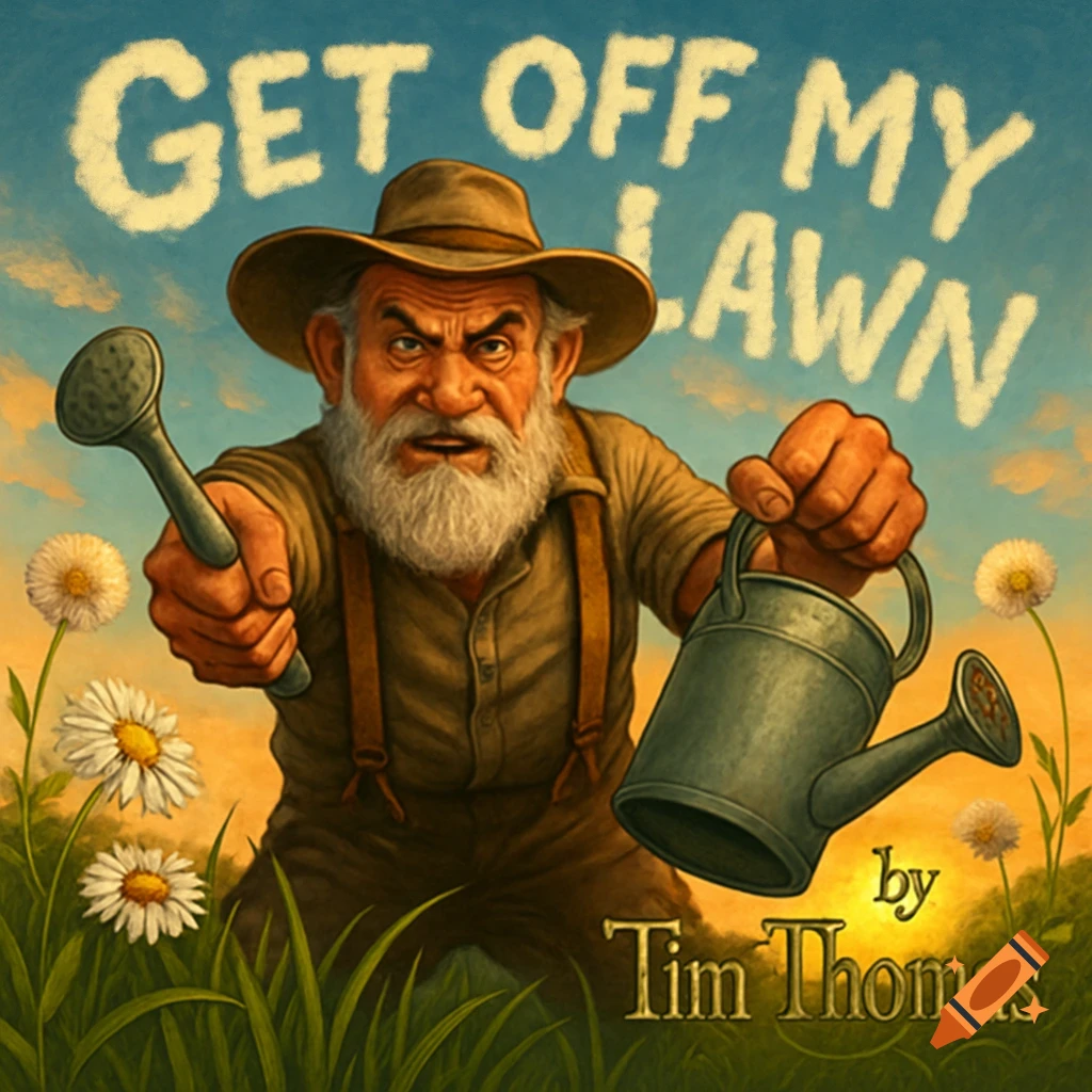 An angry old man with a white beard points a watering can and a sprinkler head, standing in a field of daisies. Text reads 'GET OFF MY LAWN by Tim Thomas'.
