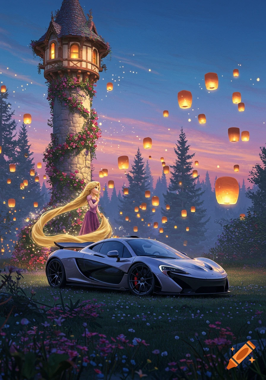 Rapunzel and a McLaren P1 car in a magical forest with a stone tower and many floating lanterns at dusk.