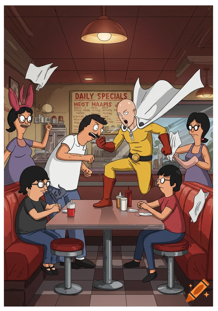 Bob Belcher punches One-Punch Man in a Bob's Burgers diner as Linda, Tina, and Louise react.