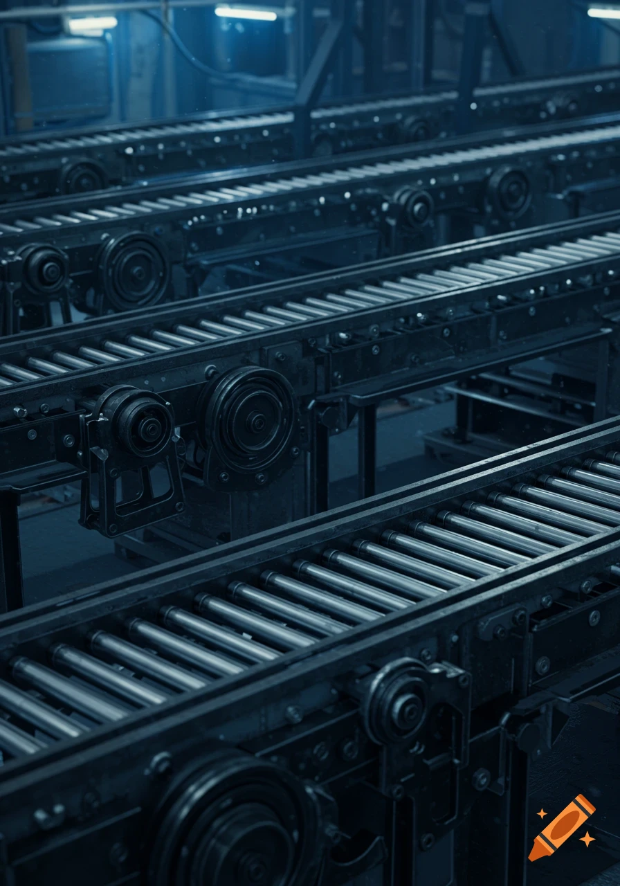 Multiple dark industrial roller conveyors with gears and transmission systems, illuminated by blue light in a factory.