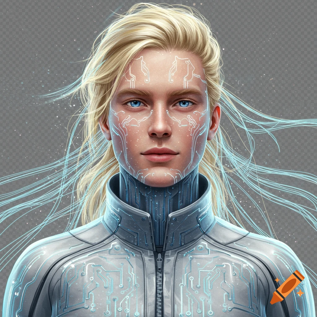 A head and shoulders portrait of a blonde human with glowing blue circuit patterns on their face and a futuristic, high-collared suit.