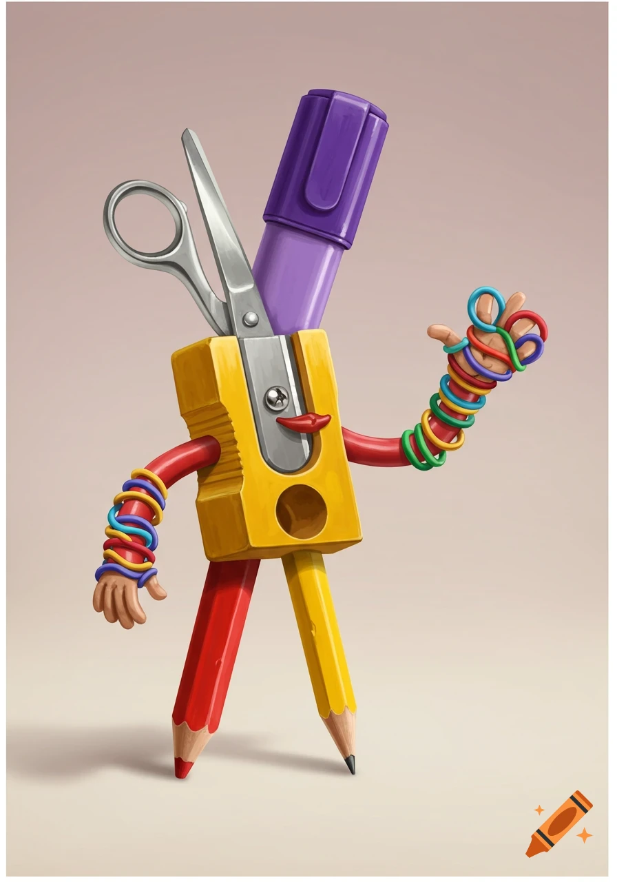 A whimsical illustration of a yellow pencil sharpener with red and yellow pencil legs, a purple marker for one arm with a hand wearing colorful elastic bands, and scissors for the other arm.