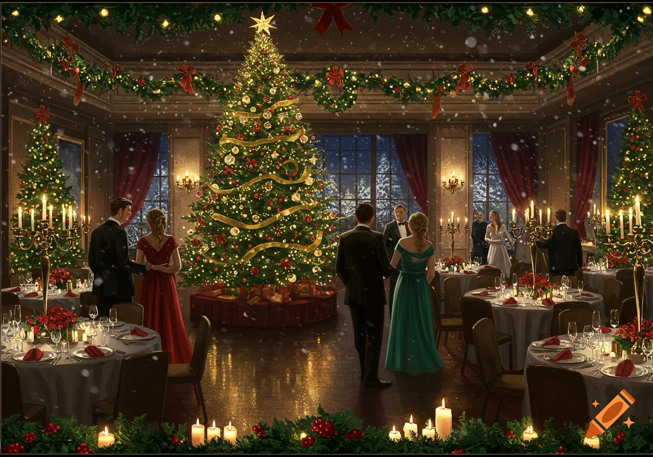 A festive Christmas wedding reception in a grand hall with a large decorated tree, guests in formal attire, and snow falling outside.