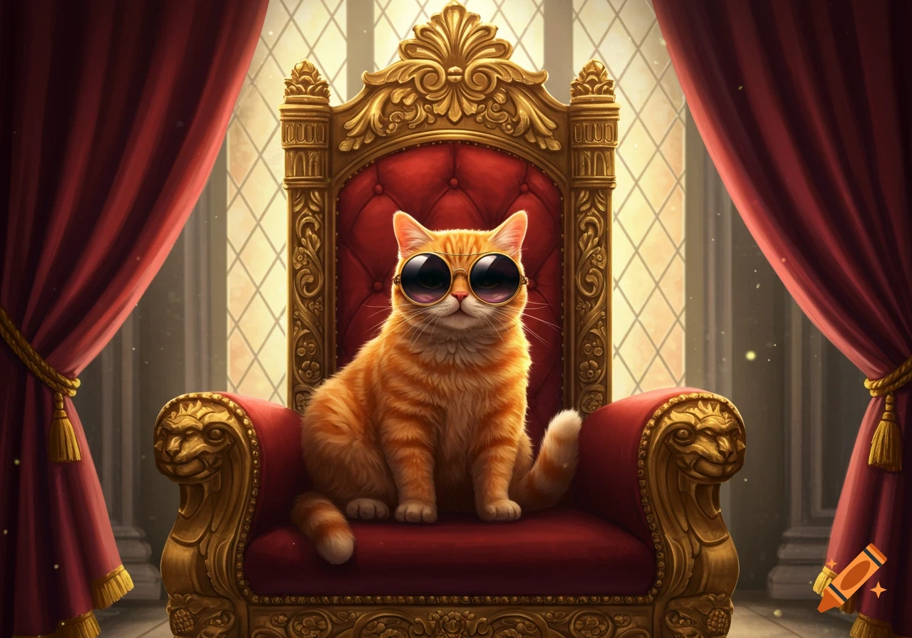 An orange cat with dark sunglasses sits regally on an ornate gold and red velvet throne against a grand window background.