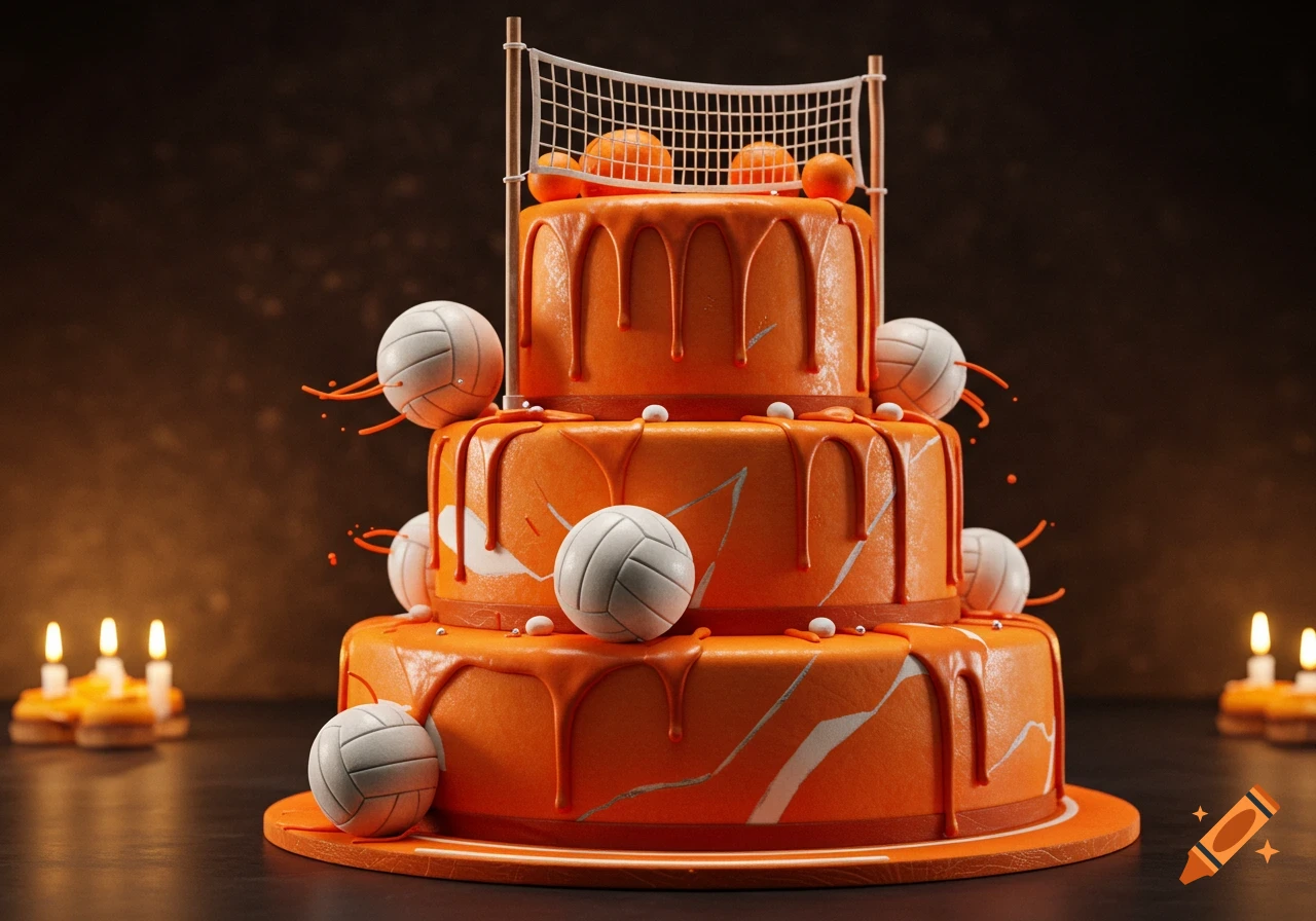 A three-tiered orange birthday cake decorated with white volleyballs, orange drip icing, and a net, with blurred candles in the background.