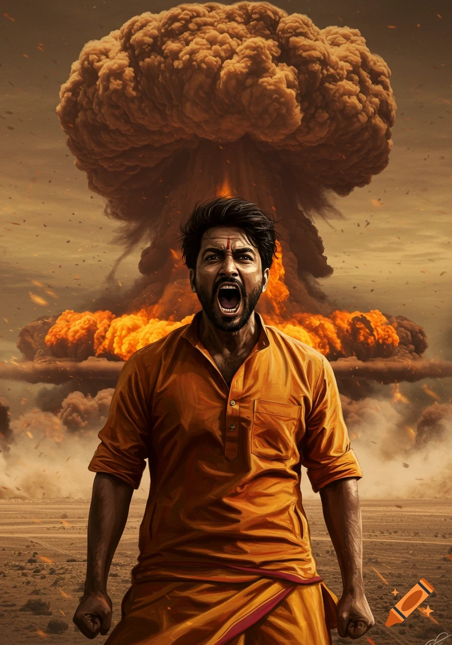 An Indian man screams with an intense expression, a massive mushroom cloud explosion rising behind him in a desolate desert.